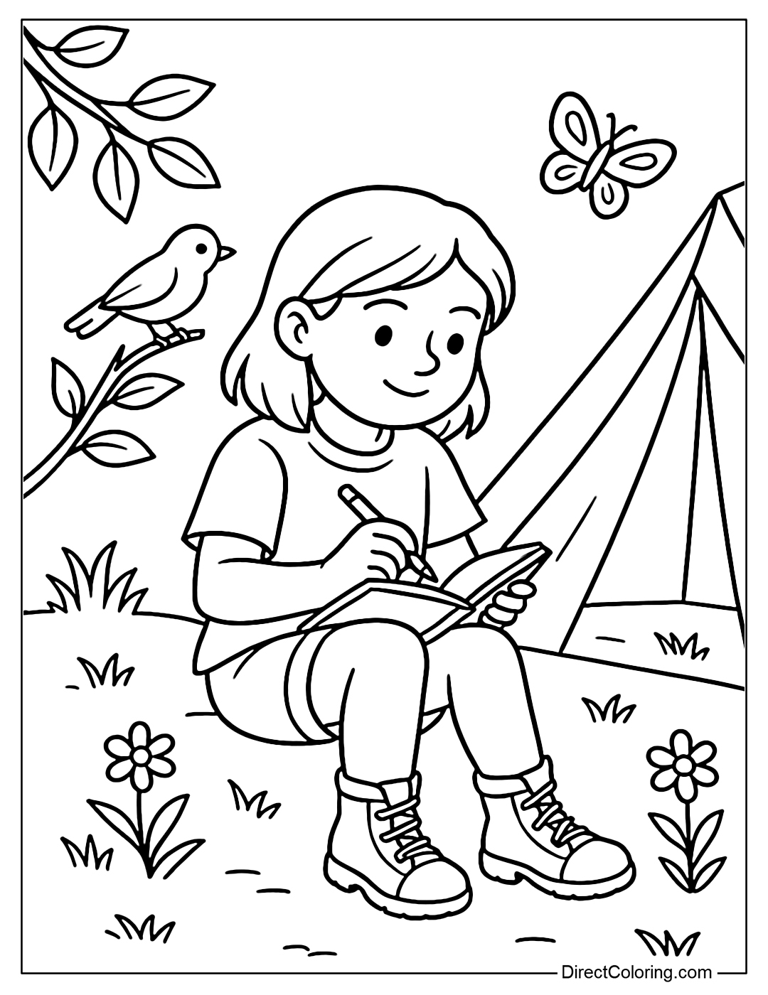 Coloring page of a girl sitting in a notebook next to a tent, surrounded by trees, birds, and butterflies.